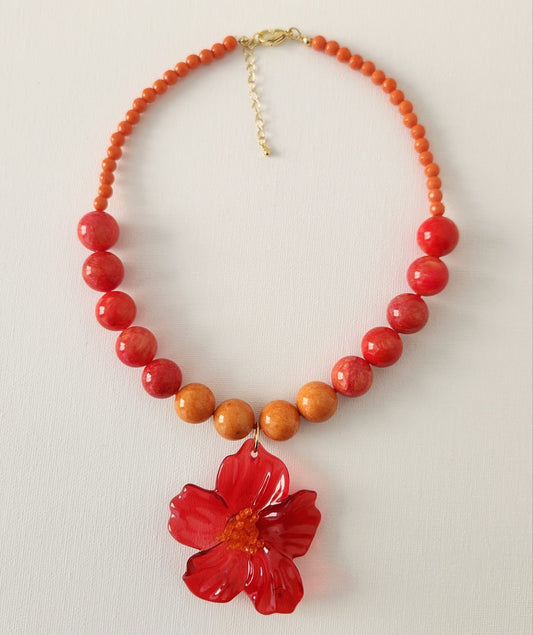 Maxi Collar Colgante Flor Resina Rojo Carmesi